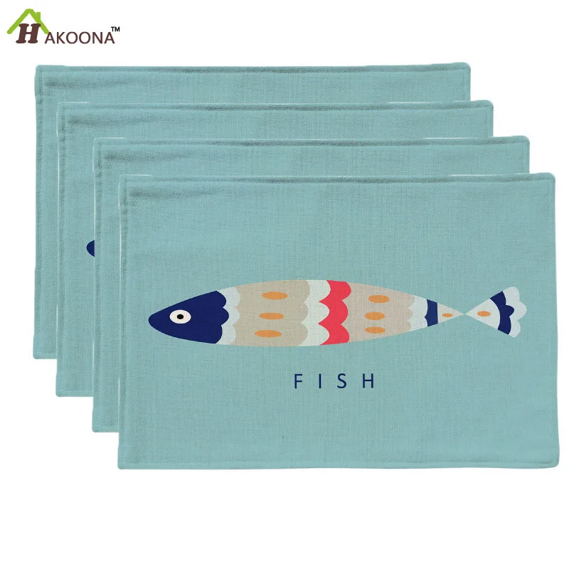 

HAKOONA 4 Placemats Blue Background Cartoon Fish Printed Table Pads Cotton Linen Fabric Table Mats Decoration 44x28cm
