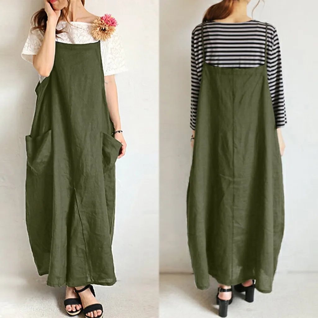 

Summer Dress Fashion Women Casual green Plus Size Casual Strappy Suspender Dress Bib Loose Sundress Long Manga corta 2019 #s7