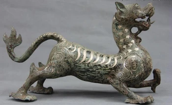 

USPS to USA S0004 Folk Collect Bronze silver-gilt Feng Shui Evil kylin Kirin Dragon Beast statuary