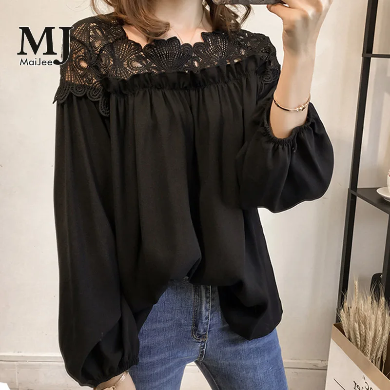 

X075 2019 Autumn Fashion Openwork Lace Stitching Chiffon Shirt Female Long-sleeved Large Size Blouses Woman блузка женская Blusa