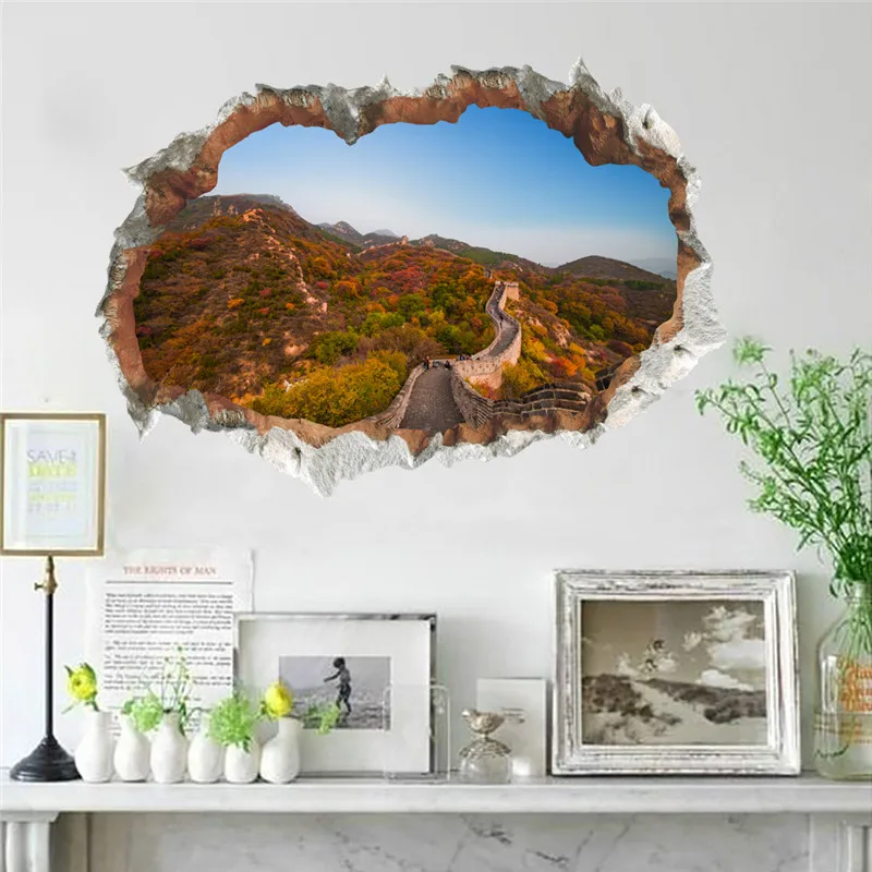 3D Broken Wall Hole Wall Stickers For Office Living Room Bedroom Home Decoration DIY Animals Deer Wolf Scenery Mural Art Decals