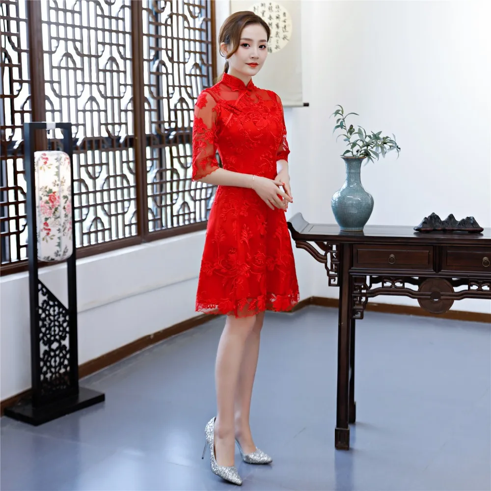 Шанхай история цветок вышивка Cheongsam платья Красные кружевные Qipao для Для женщин традиционное китайское платье свадебное платье