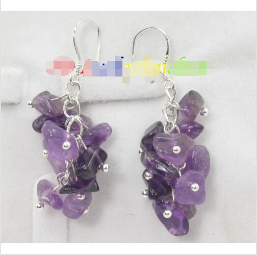 

HOT SELL - Dangle baroque Genuine 100% natural amethyst earrings 925 silver hook j7873Noble style Natural Fine jewe fast S -Top
