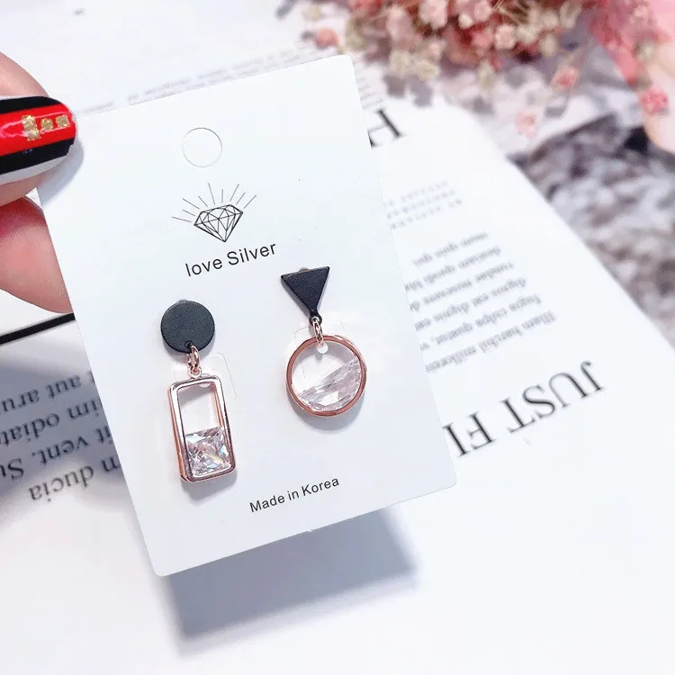 

2018 Hot Sale Korean Simple Geometric Round Square Asymmetric Earrings Zircon Brincos For Women Triangle Pendientes Mujer Moda