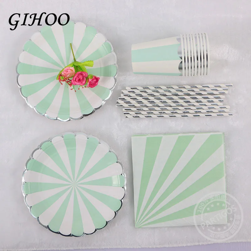 

65pcs pink green Disposable Paper cup paper plate Wedding Favors Drinking Straws table napink Party Supplies