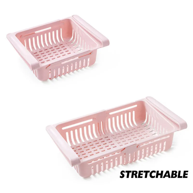 Adjustable kitchen Fridge Organizer Drawer Basket Refrigerator Pull-out Drawers Fresh Spacer Layer Fruit Eggs etc. Storage Rack - Color: pink