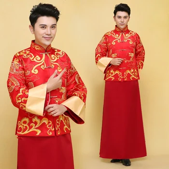 

Chinese Classic Men Marriage Clothes Mandarin Collar Vintage Coat+Robe Tang Suit Embroidery Dragon Bridegroom Wedding Costume