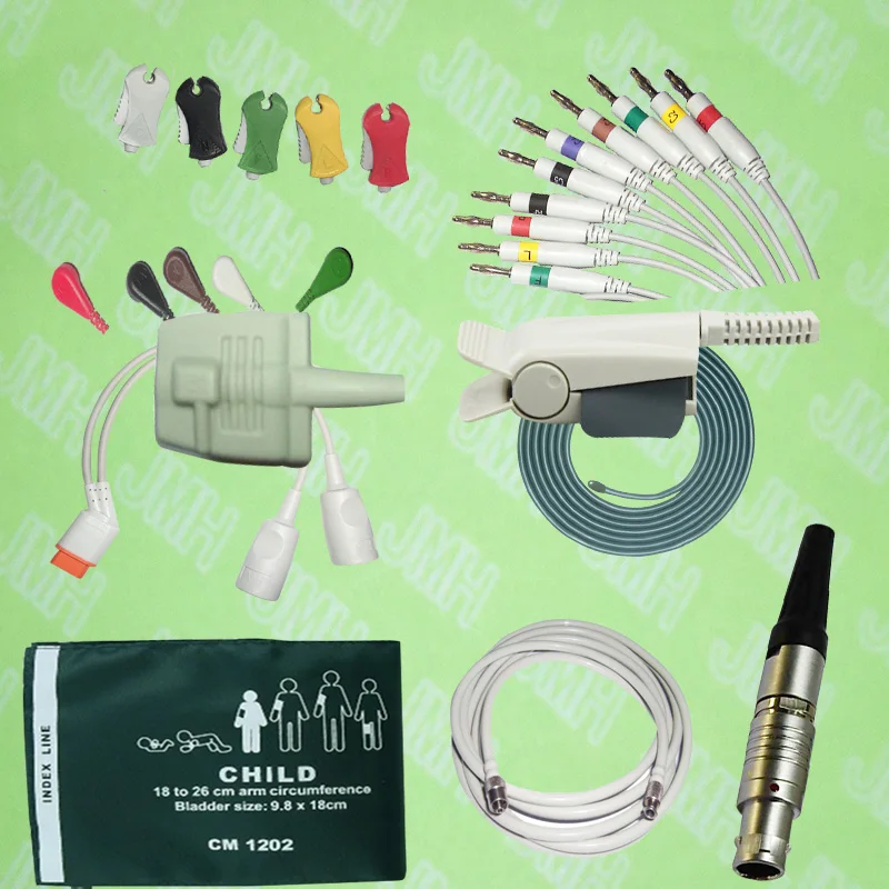 

Spo2 sensor,ECG/EKG/EEG cable and electrode,IBP cable,NIBP cuff,Temprature probe,Holter leadwires,Air hose,medical connectors.