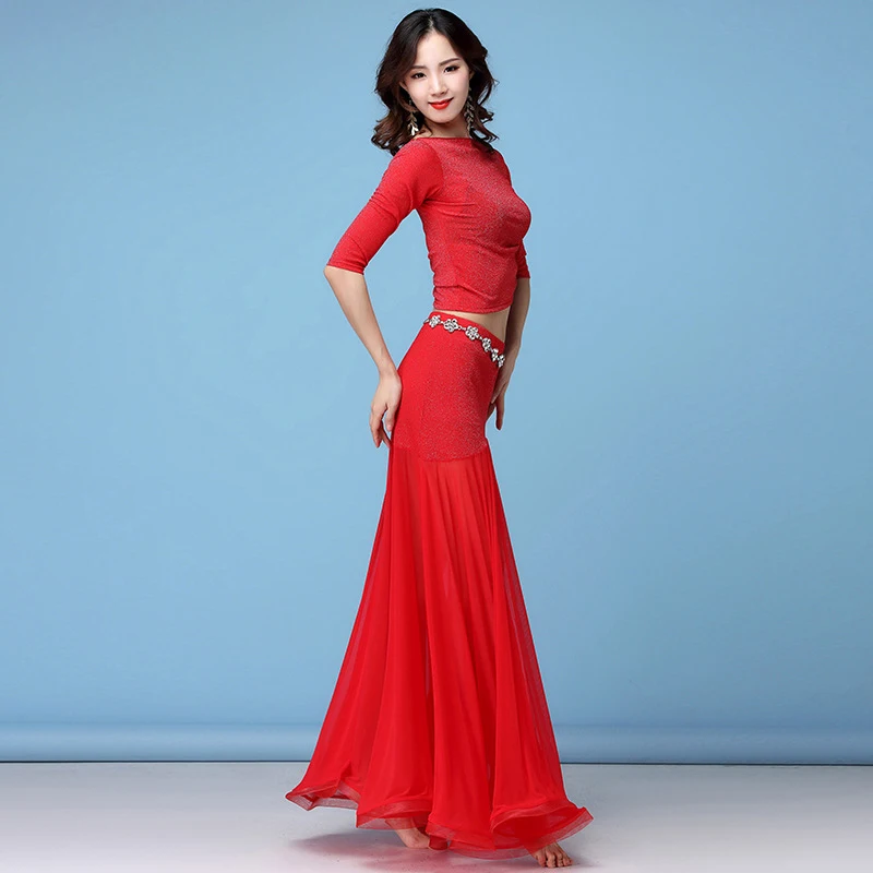 New Fashion Women Belly Dance Clothing Stretchy Shinny Fabric Off Shoulder Ruffles Maxi Long Skirts Bellydance Costume Set 2pcs