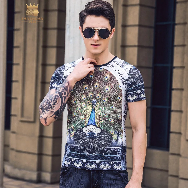 

FanZhuan Free Shipping New Men's 2019 summer new peacock pattern short sleeves male European hipster T-shirt male T shirt 925003