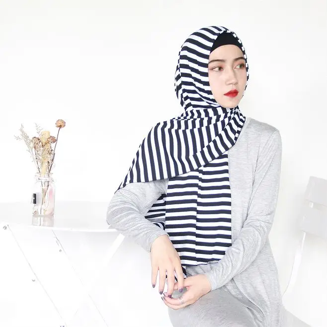

Modal Jersey Muslim Hijab Women Stripe Printed Scarf Scarves Long Elastic Cotton Shawl Headscarf Islam Accessories High Quality