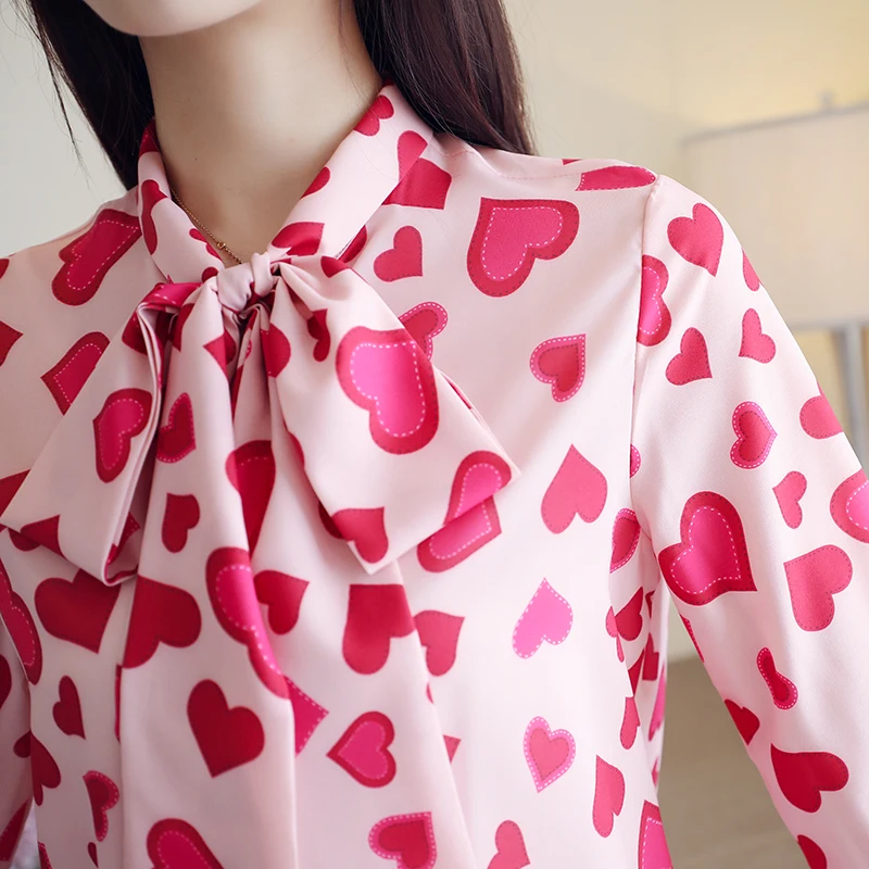 Корейская блузка с принтом любящее сердце, весна-осень, милая одежда с длинным рукавом и бантом, Женские топы и блузки, женская блуза T91509