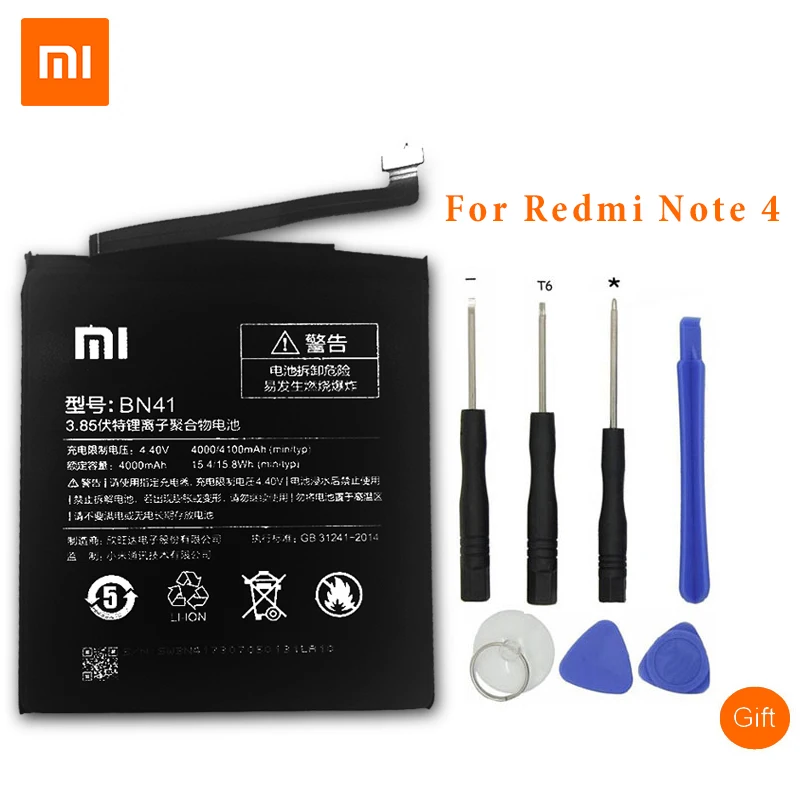 

XiaoMi Original Mobile Phone Batteries For Xiaomi Redmi Note 4 Hongmi Note4 BN41 4000mAh Replacement Battery +Tools