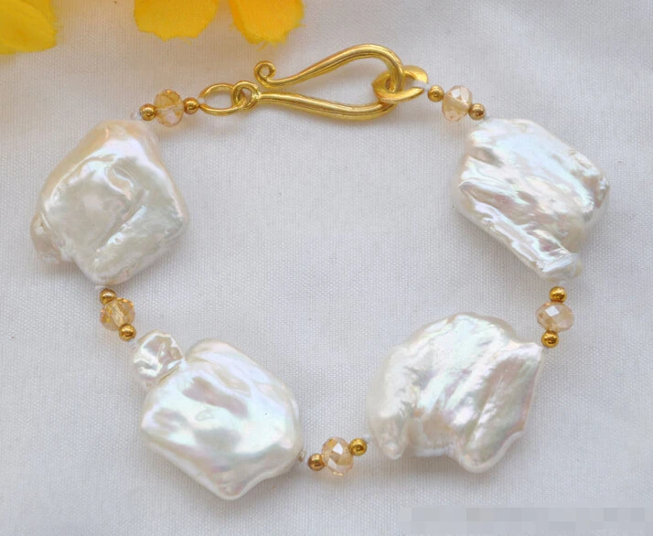 

8" 30mm WHITE BAROQUE KESHI REBORN PEARL crystal faceted BRACELET @^Noble style Natural Fine jewe SHIPPING new >>free shipping