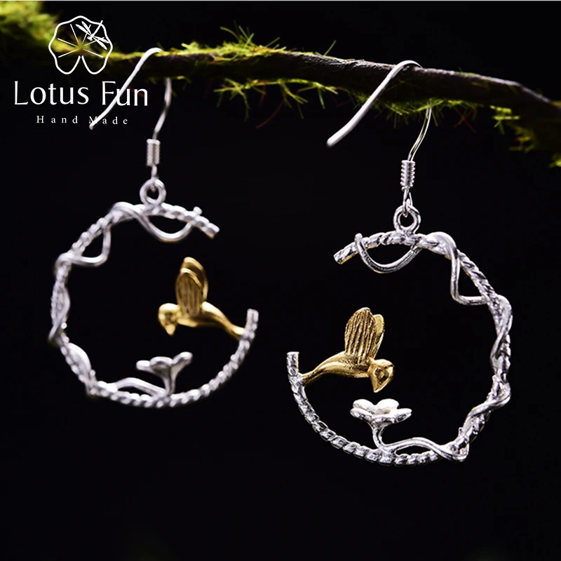 

Lotus Fun Real 925 Sterling Silver Natural Creative Handmade Fine Jewelry Perfect Lovely Bird Drop Earrings for Women Brincos