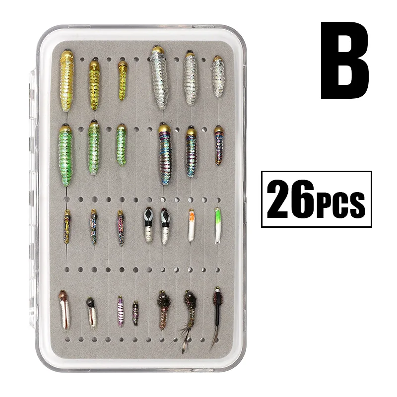 Форель Рыболовные крючки мухи коллекция сухой мокрой Nymph муха ассортимент с Fly Box Flyfishing Flys приманки 26 комплектов - Цвет: B 19-B-17-18 26PCS