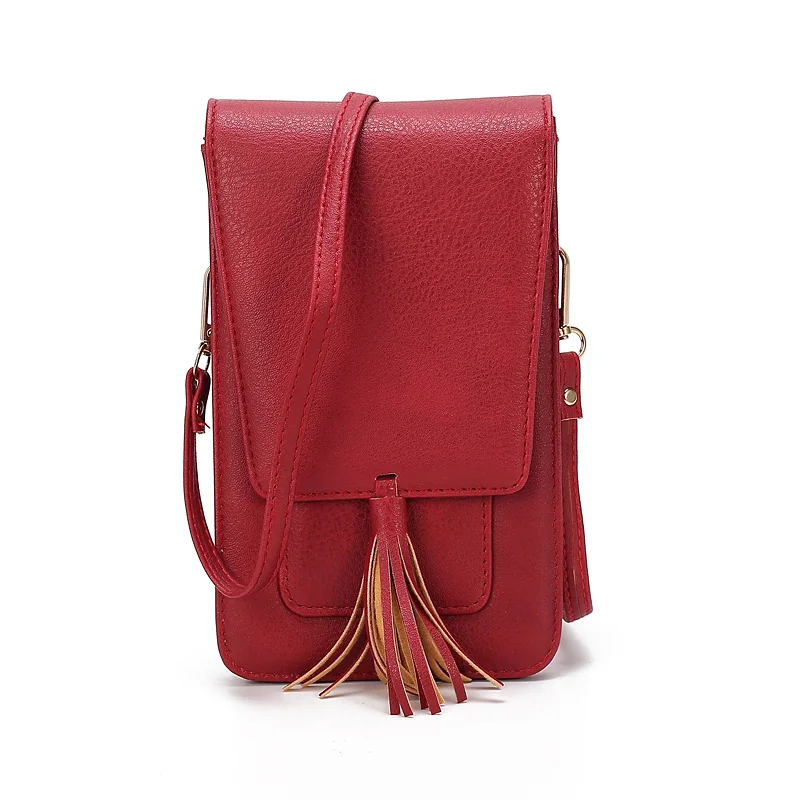 Женская сумка на плечо с кисточками для телефона из искусственной кожи, мини сумка через плечо с принтом с клапаном, женские маленькие сумки-мессенджеры, Женский кошелек с цветочным принтом - Цвет: wine red
