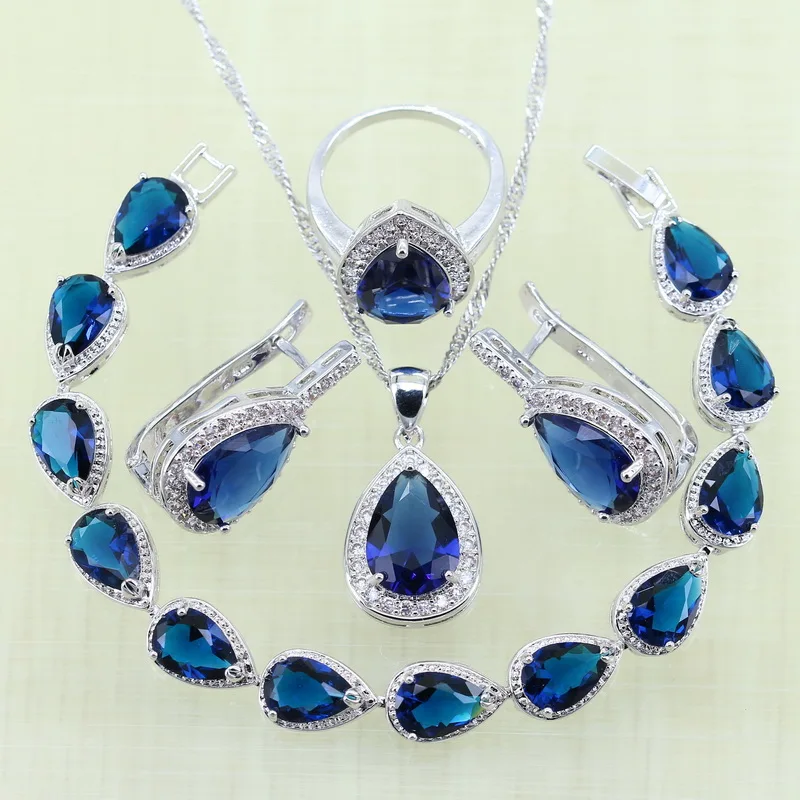 

Reginababy Silver color Blue Rhinestone White zircon Bracelets Jewelry Sets For Women Stud Earrings/Ring/Pendant 925 stamp