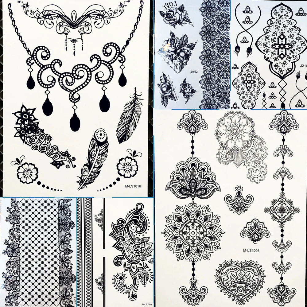 女性メイクネックレスネックデザインの羽防水一時的なタトゥーステッカー女の子黒ヘナタトゥー花アームスリーブ入れ墨 Sleeve Tatoo Arm Sleeves Tatooflower Arm Aliexpress