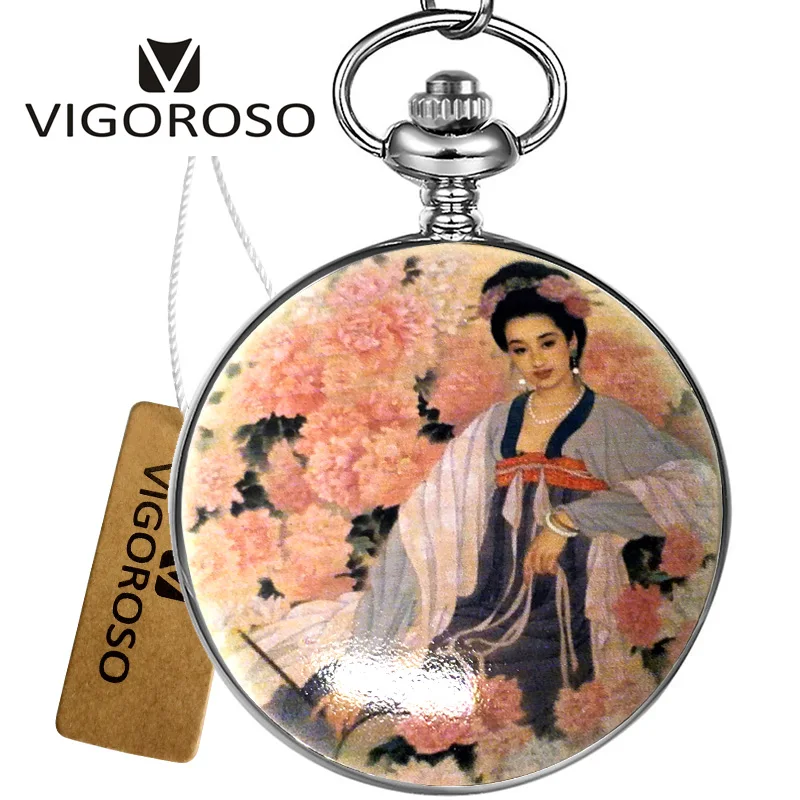 Vigoroso Марка Механические карманные часы Китайский красивая женщина римские цифры Скелет ручной Ветер часы змеиное FOB цепи Сталь