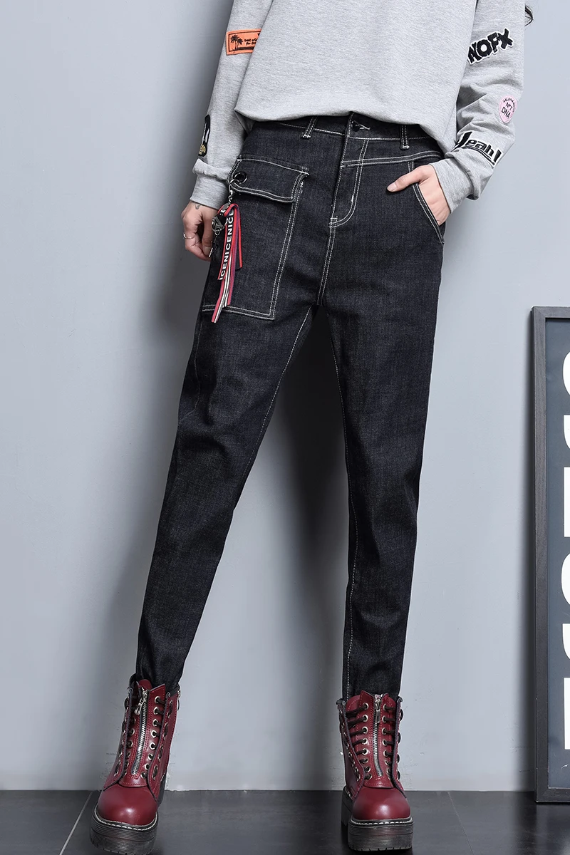 Джинсы для женщин женские гаремные брюки нашивки милые полной длины Высокая кнопка карманы Модные свободные 2019 новый стиль плюс размеры