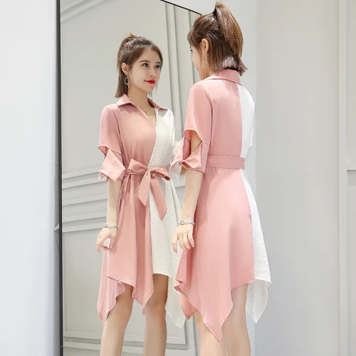 Femininas Мода V образным вырезом повседневное Лето Jurken лук свободные нерегулярные Vestidos лоскутное корейский краткое женская одежда