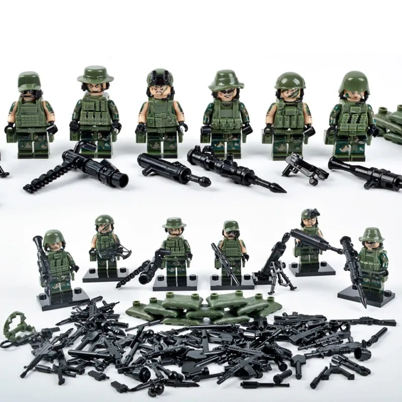 

LegoINGlys Military figures Armed Troops Cross Fire Jungle Commandos Camouflage Army Soldiers Team and 150+Weapon Toys Lepin