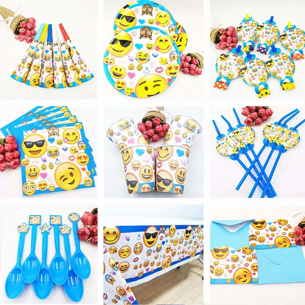 

Disney ! Emoji Expressio Kids Birthday Party Decoration Set Party Supplies napkin Cup Plate Banner Hat Straw Loot Bag Fork