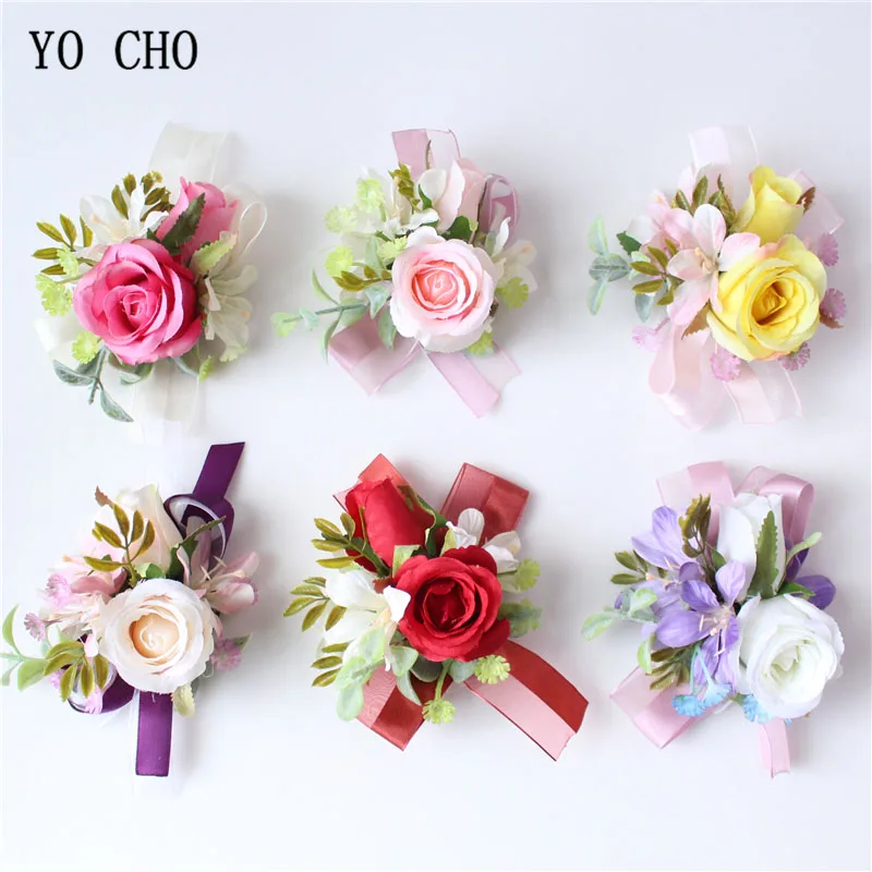 

YO CHO Bridal Corsages Groom Wedding Boutonniere Artificial Silk Rose Wrist flowers White Pink Bracelet Prom Party Meeting Decor