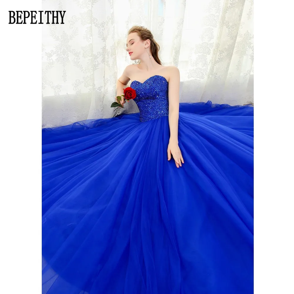 BEPEITHY vestido de festa Настоящее фото милое Тюлевое платье длиной до пола с бисером и блестками бальное платье Королевский синий платье для выпускного вечера