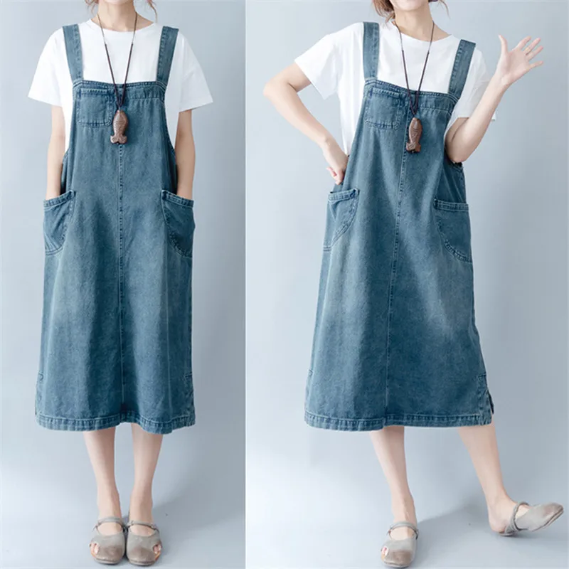 Spring Summer Long Dress Women Casual Vintage Maxi Suspender Plus Size Denim Jeans Dress Pockets Elegant Ladies Denim Dress Q311