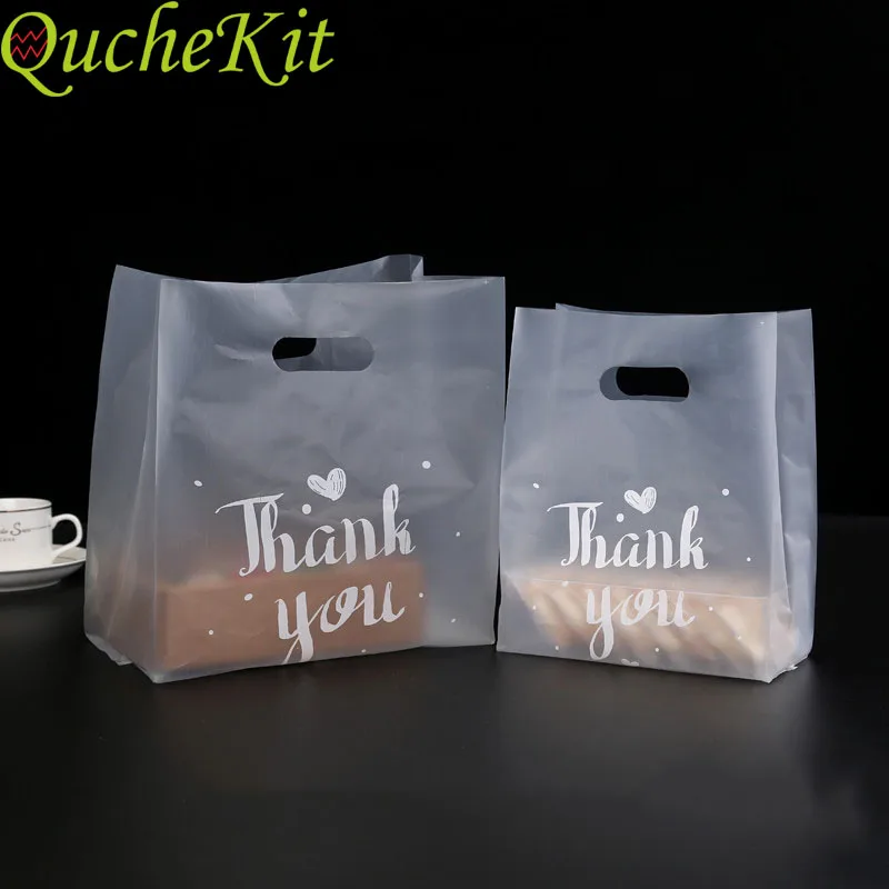 Sachets en plastique de remerciement pour cadeaux, sacs pour les courses en plastique avec poignée, pochettes pour petites attentions pour invités de mariage et Noël, emballages pour bonbons et gâteaux, 50 pièces