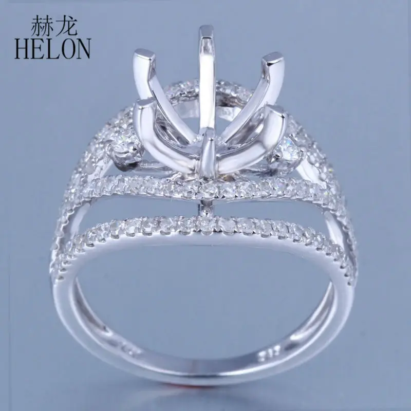

HELON 9mm Round Pave 0.8ct Natual Diamonds Semi Mount Engagement &Wedding Ring bicyclic Glaring Solid 14K White Gold Women Ring