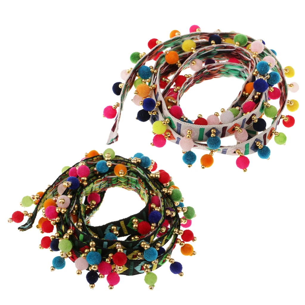 

2Pcs Boho Colorful Pom Pom Ball Fringe Trim Ribbon for Designing Decorating Embroidery Clothing, 1 Yard