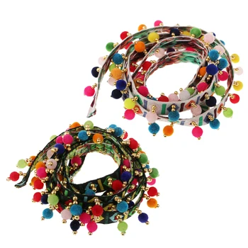

2Pcs Boho Colorful Pom Pom Ball Fringe Trim Ribbon for Designing Decorating Embroidery Clothing, 1 Yard