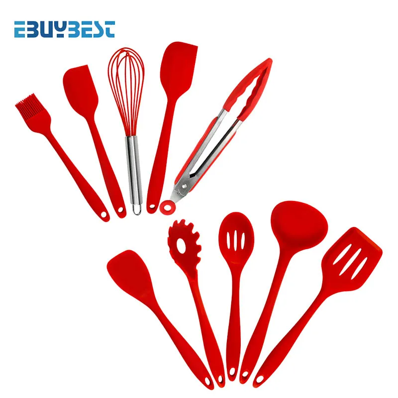10pcs Red color 5 шт., 10 шт., кухонные инструменты, силиконовая кухонная утварь, лопатка, ложка, щипцы, ковш, спагетти-сервер, щелевой Тернер, набор кухонных инструментов - Цвет: 10pcs Red color