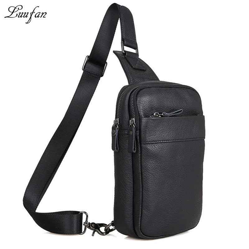 

Men's genuine leather crossbody bag Black real leather messenger bag Cowhide chest bag for iPad mini causal shoulder bag zipper