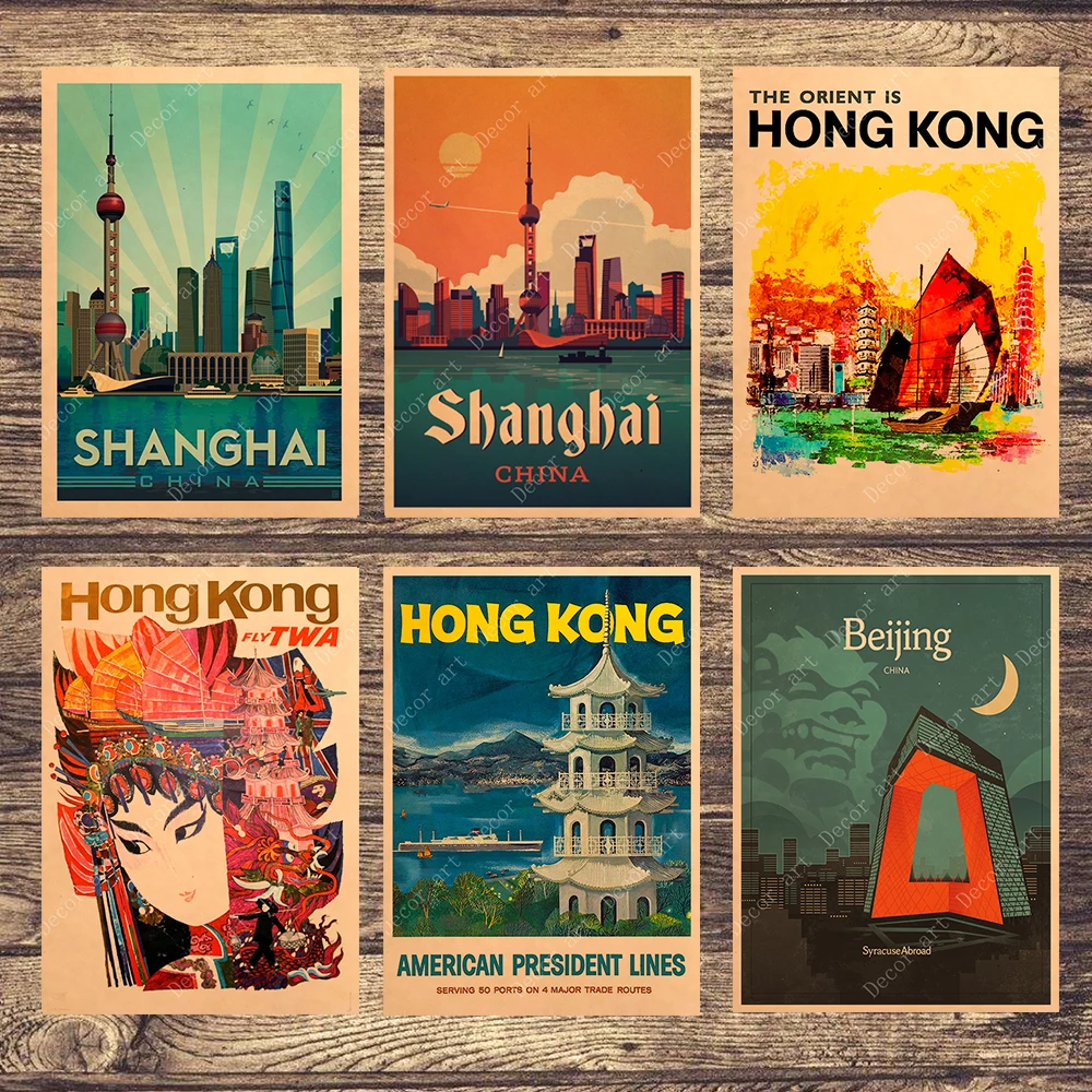

China Shanghai Beijing Hong Kong Canvas Paintings Vintage Wall Pictures Kraft Posters Coated Wall Stickers Home Decor Gift