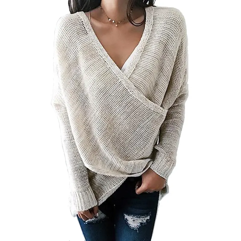 

New Autumn Women Simple Casual V-Neck Front Cross Weekend Sweater Long Sleeve Knitting Solid color Pulloversr dopshipping