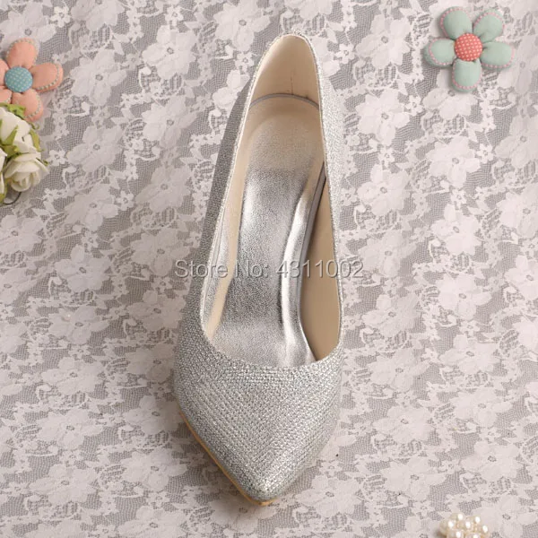Pointed Toe High Heel Pumps Silver Shiny Fabric Women Evening Party Shoes