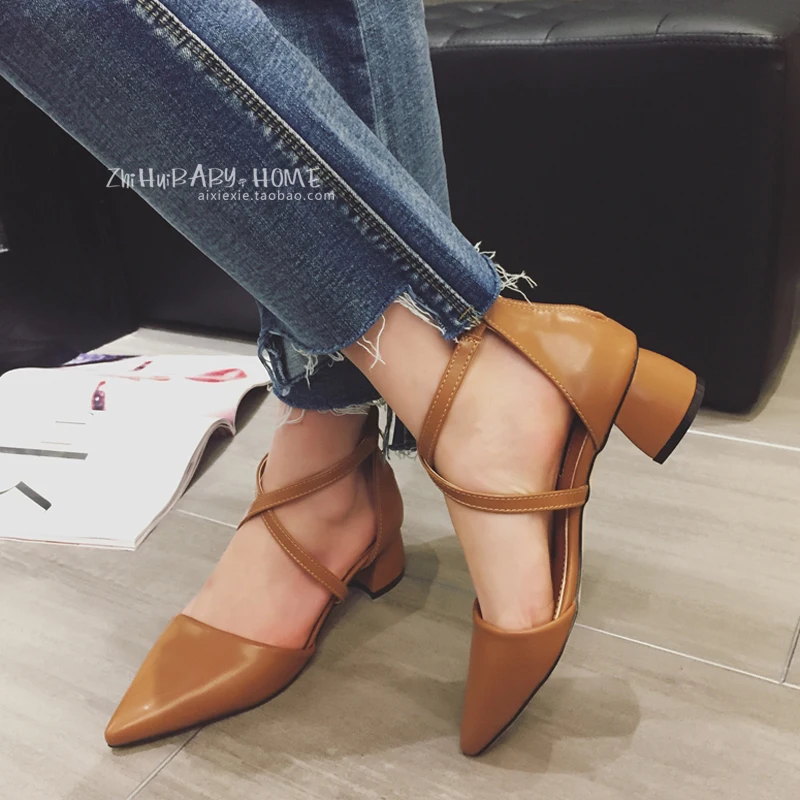 

New Arrival Pumps Summer Lady Vintage Pointed Toe Leather Med Heel Sandals Fashion Comfort