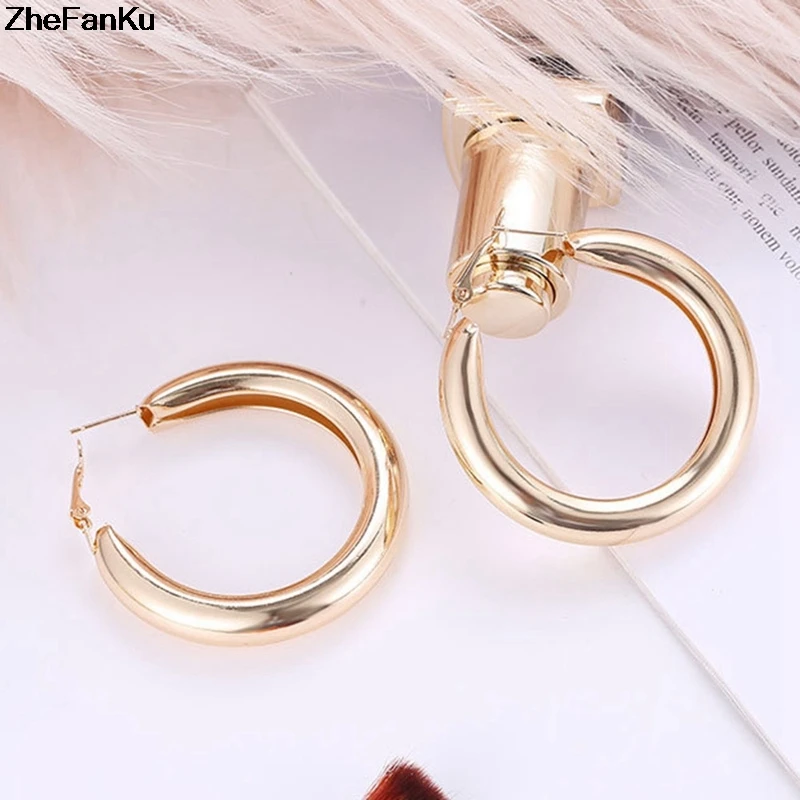 50 MM Big Gold Hoops Earrings Minimalist Thick Tube Round Circle Rings Earrings For Women Zinc Alloy Trendy Hiphop Rock Fashion Jewelry