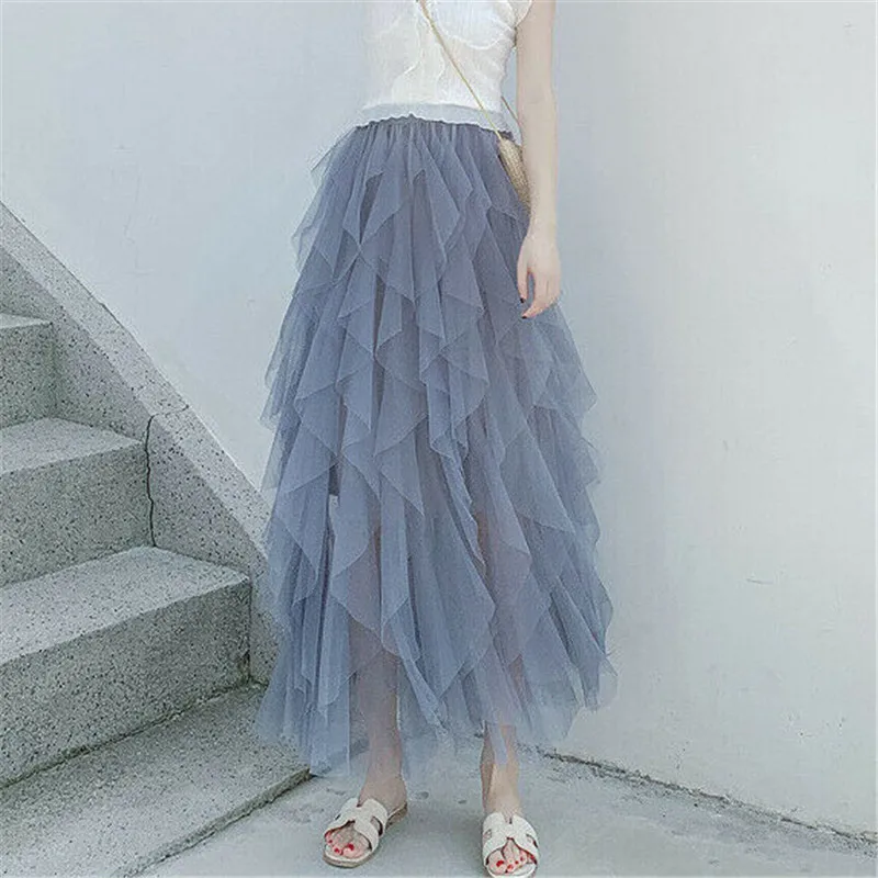 Сетчатая юбка 2019 Летняя женская Милая модная длинная фатиновая юбка с высокой талией Асимметричная многослойная пышная плиссированная