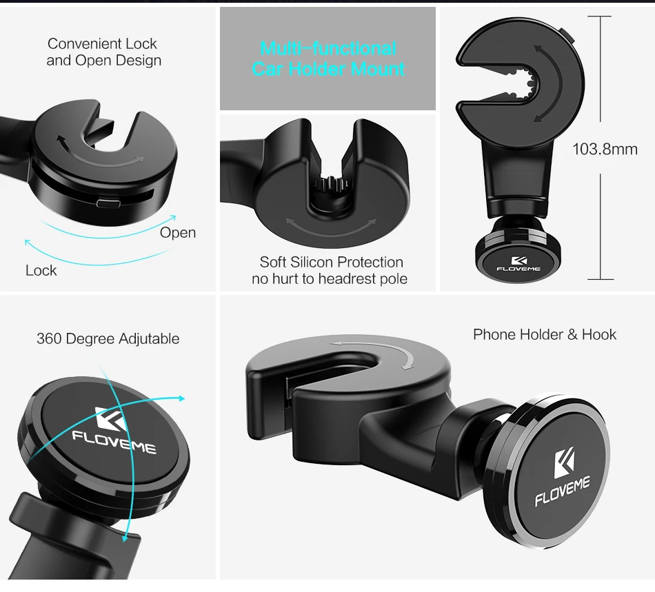FLOVEME автомобильный держатель телефона 360 повернуть назад подголовник сиденья Крюк магнитный держатель для iPad мобильного Поддержка стоять в автомобиль магнитный держатель для телефона в машину