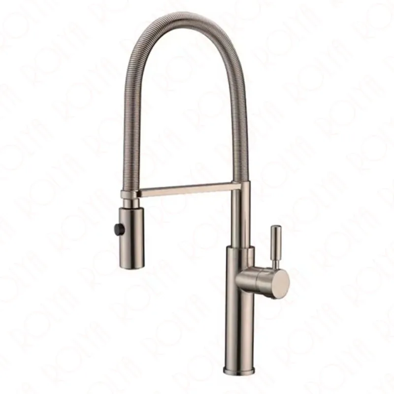 Rolya Spring Pull Down Kitchen Faucet Nickel Brushed One Handle High Arc Solid Brass Faucet