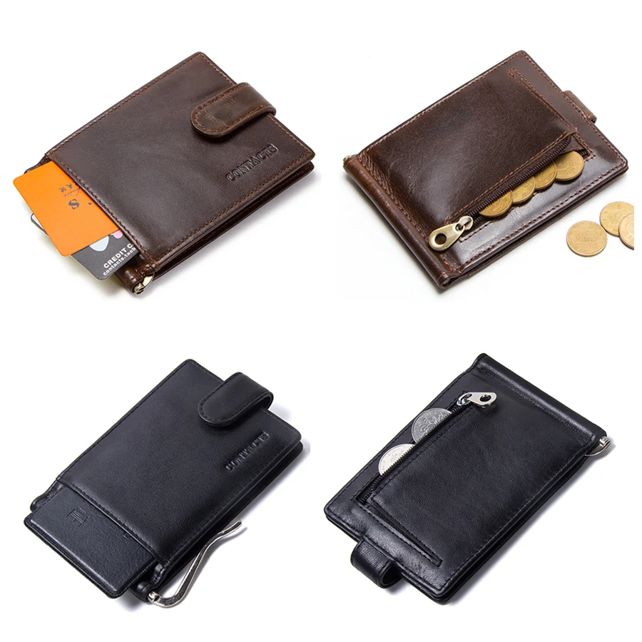CONTACT'S Cow Leather Money Clip Men Card Wallet Thin Money Clamp for 10 Cards Male Bifold Credit Card Case with Zip Coin Pocket