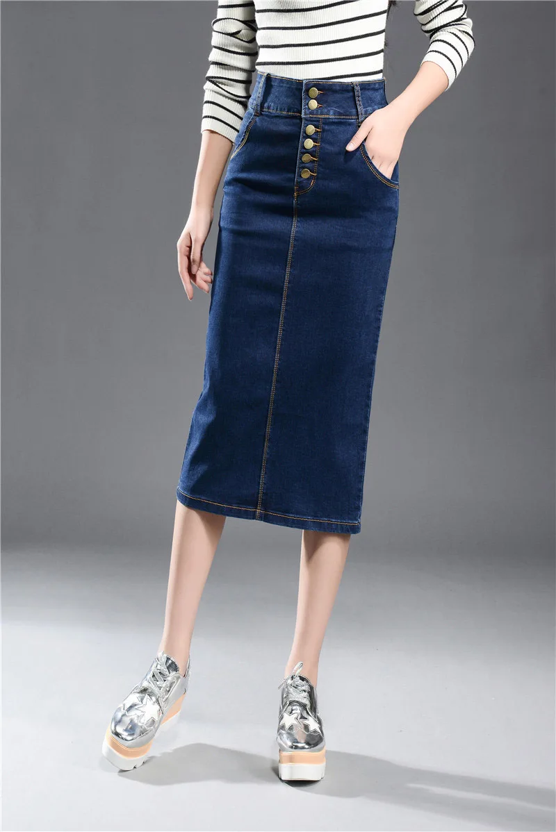 GEMUTLICH S-9XL, летняя Женская длинная джинсовая юбка, эластичная, тонкая, длинная, одношаговая, с разрезом, юбки с высокой талией и пуговицами