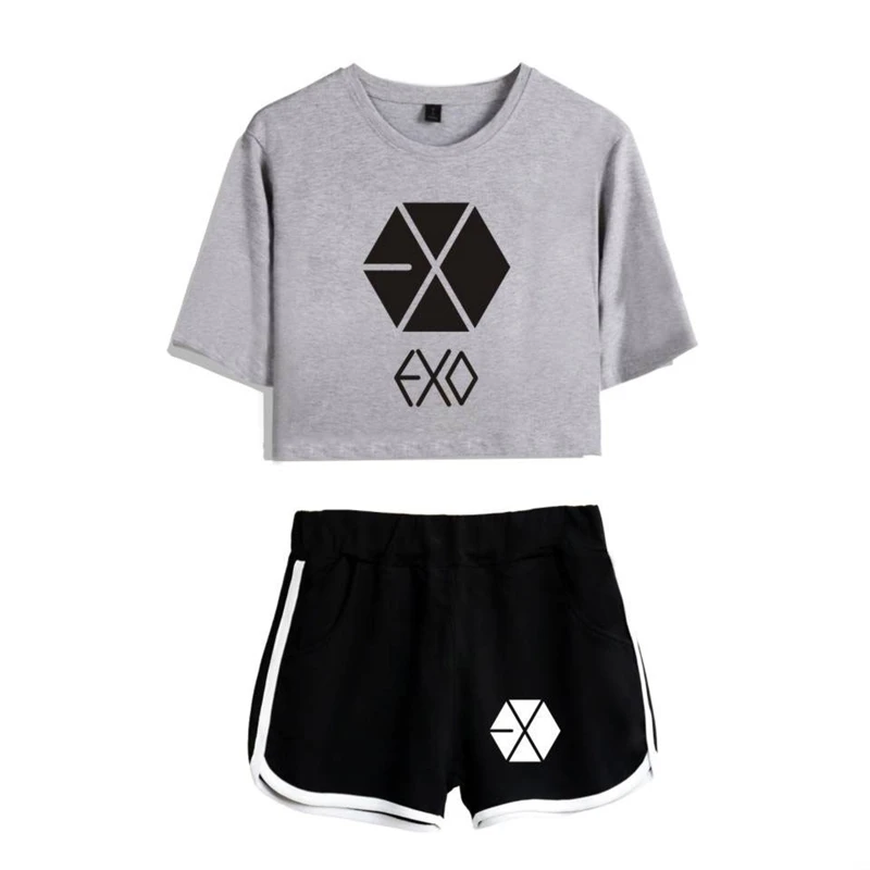 EXO Kpop Bangtan Boys Crop Top Women T shirt Summer Shorts And T-shirt Women Fashion Clothes (7)