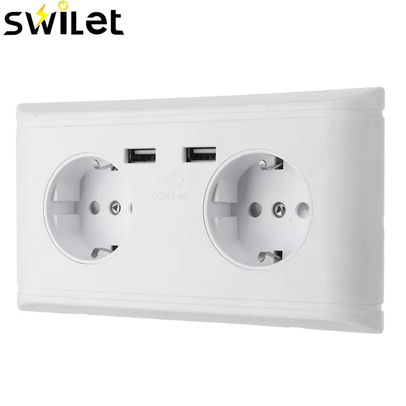 SWILET EU Standard Wall Socket Charger 5V 2.4A Dual 2 USB Ports Outlet