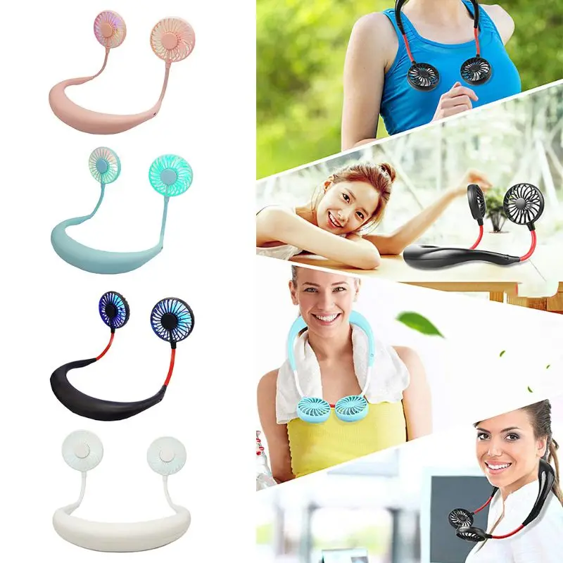 

2019 New Mini Portable LED Light USB Rechargeable Fan Neck Hanging Style Dual Cooling Lazy Fan for Student Home School Use